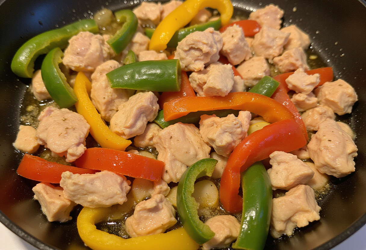 Sautéed diced chicken with garlic and bell peppers for savory chicken wraps preparation.