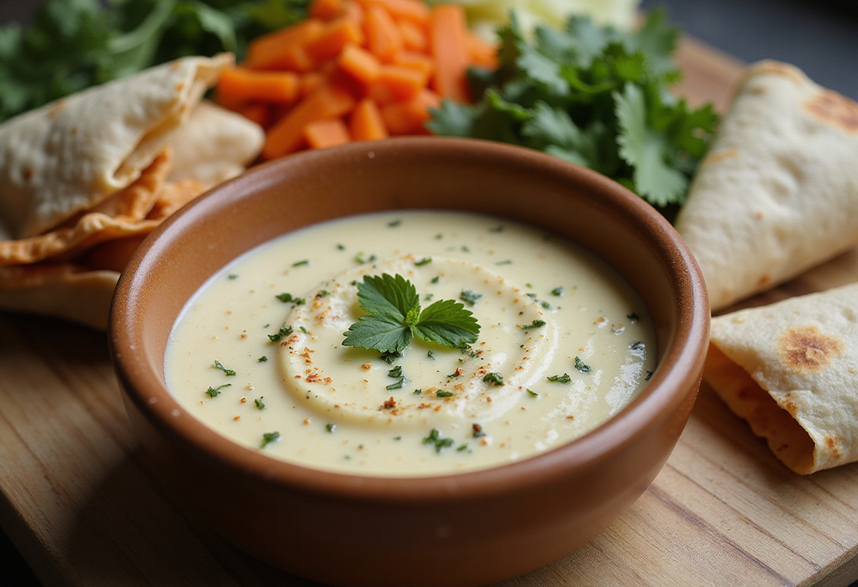 Creamy garlic sauce made for savory chicken wraps, showcasing wrap ingredients ready for assembly.