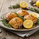 Deliciously plated savory lemon herb roasted chicken thighs ready for any occasion.