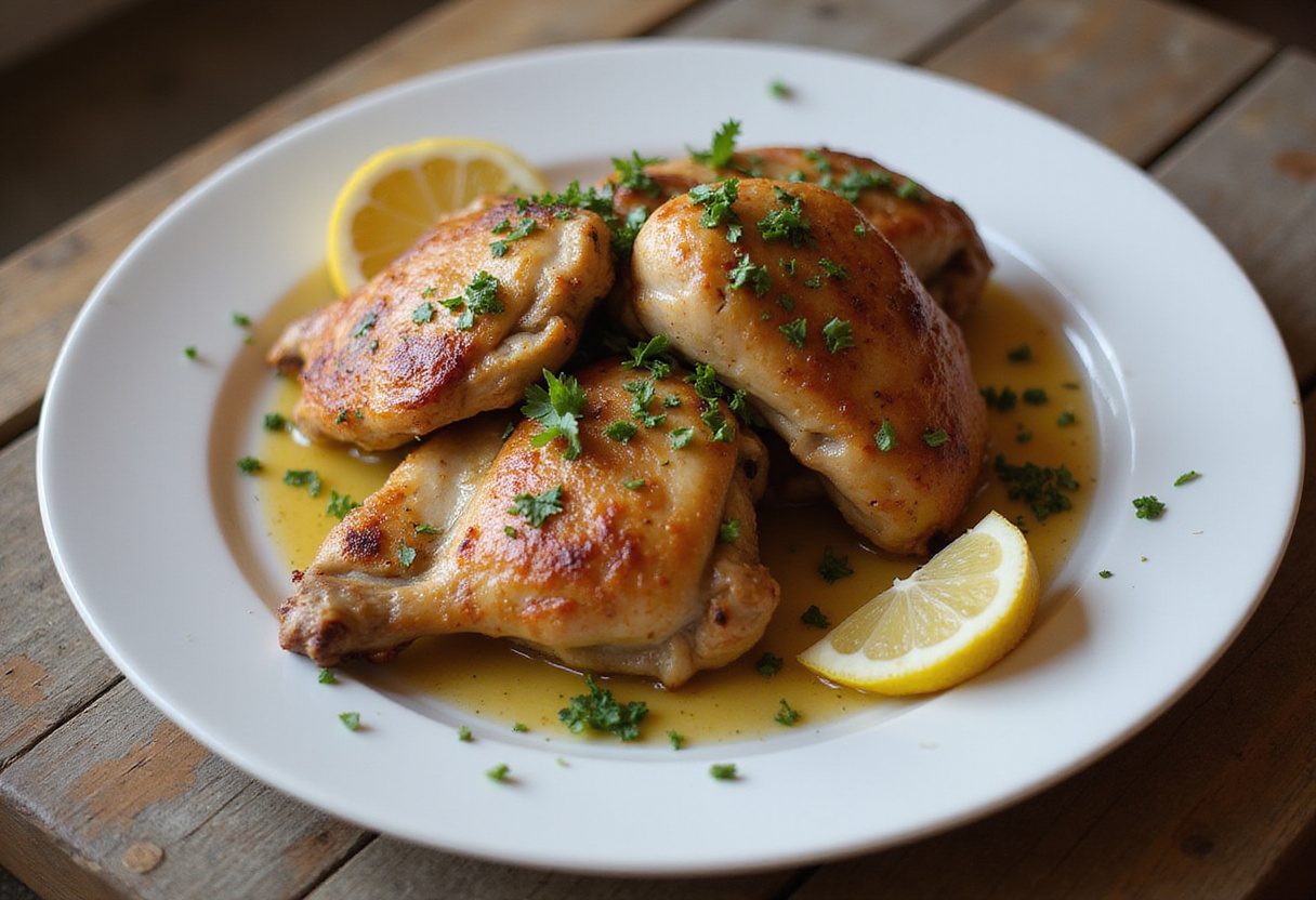 Deliciously plated savory lemon herb roasted chicken thighs ready for any occasion.