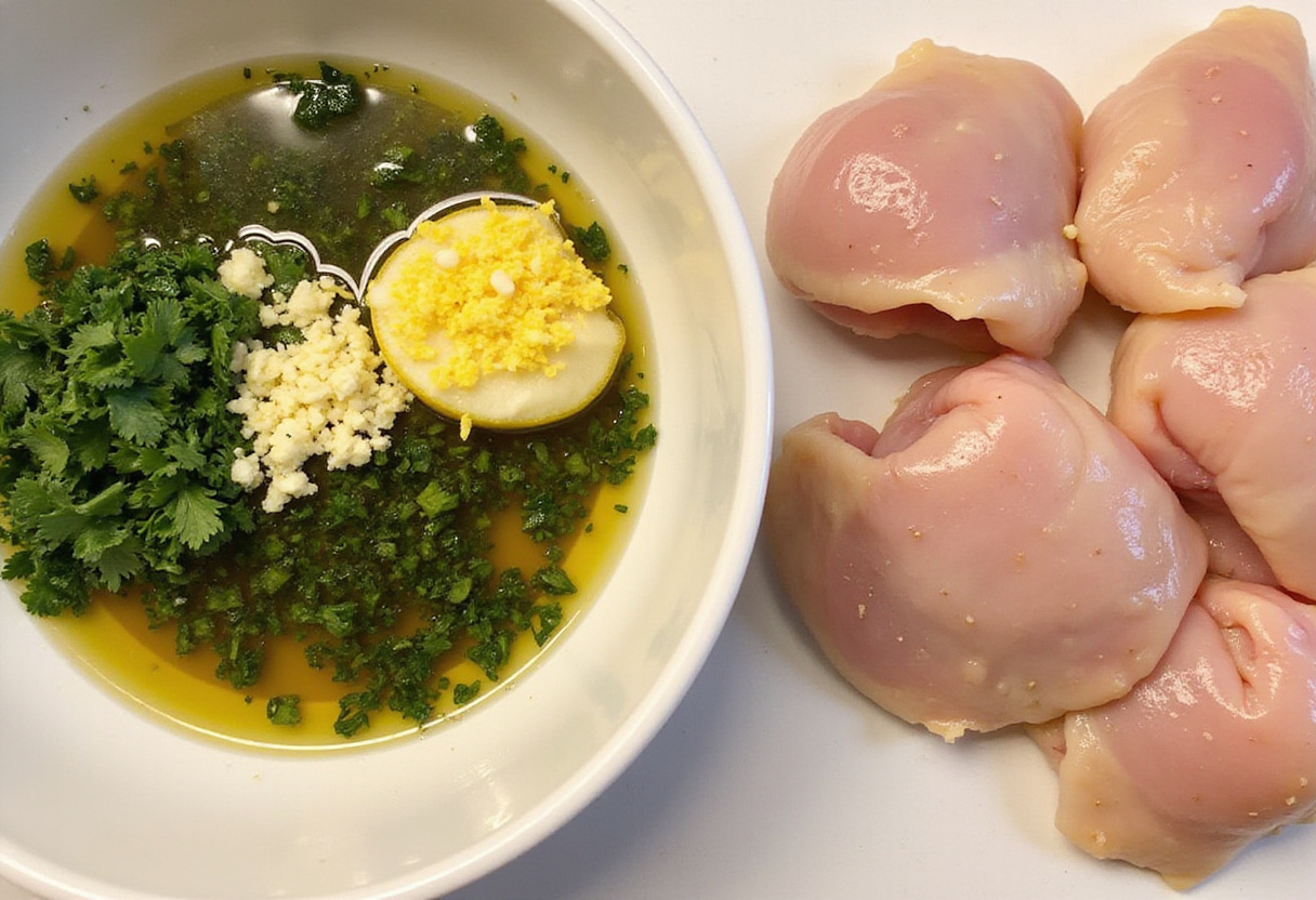 Mixing marinade with fresh herbs and garlic for savory lemon herb roasted chicken thighs.