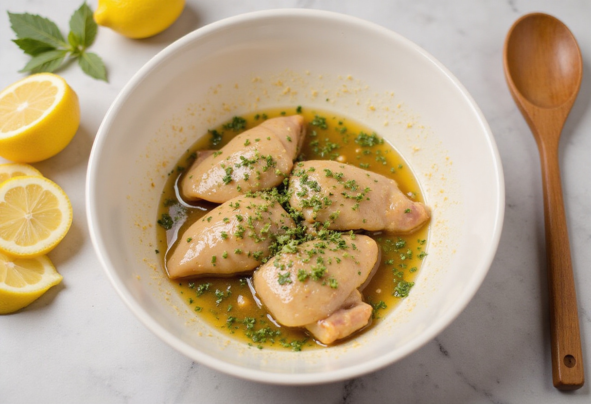 Coating chicken thighs with a lemon herb marinade for delicious roasted chicken thighs recipe.