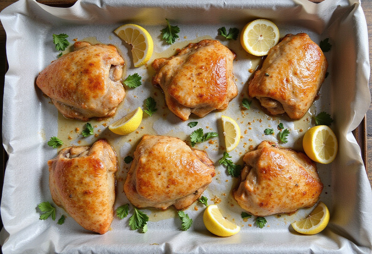 Preparing marinated chicken thighs on a baking tray for roasting with vibrant herbs and lemon.