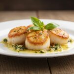 Elegant plate of seared scallops with garlic basil butter, showcasing gourmet seafood dish perfect for any special occasion.
