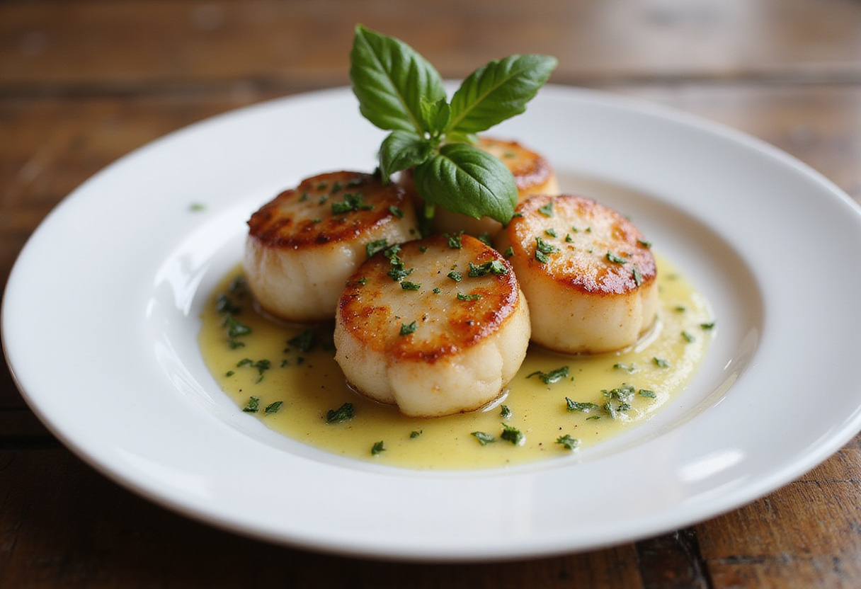 Elegant plate of seared scallops with garlic basil butter, showcasing gourmet seafood dish perfect for any special occasion.
