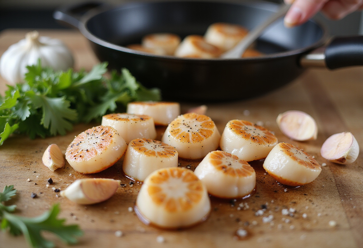 Fresh scallops seasoned with salt and pepper for seared scallops with garlic basil butter, showcasing a wooden cutting board, garlic cloves, and herbs.