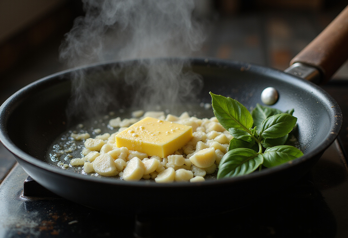 Melted butter and garlic sizzling in a frying pan, preparing for authentic seared scallops with garlic basil butter.