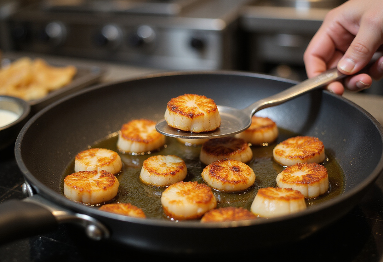 Golden brown seared scallops being cooked in a frying pan, highlights the process of making delicious garlic basil butter scallops.