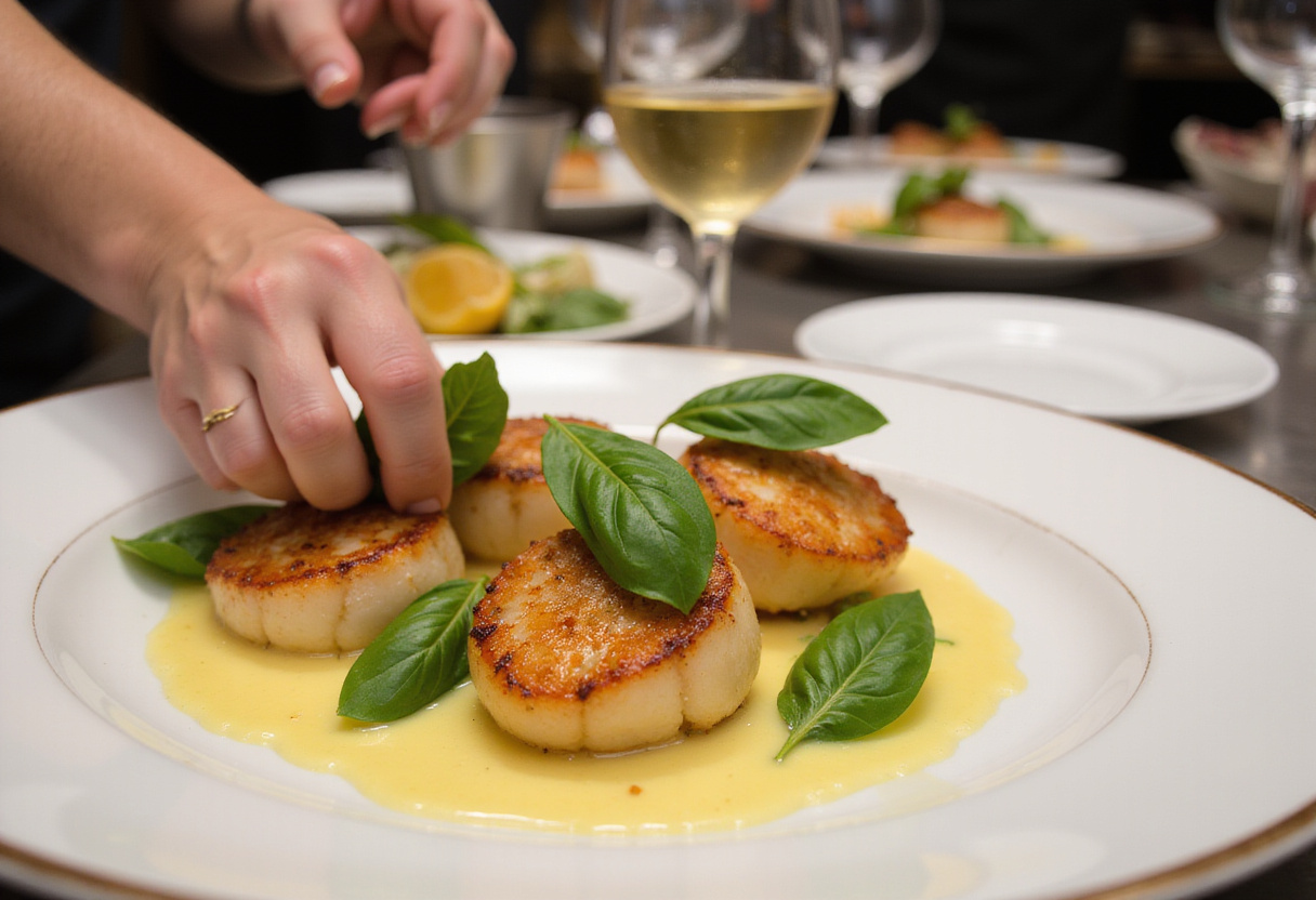 Garnished seared scallops with garlic basil butter, highlighting the final touches before serving in an elegant kitchen setting.