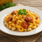 Served plate of BBQ Chicken Mac and Cheese garnished with parsley, showcasing the comfort food in a warm setting.