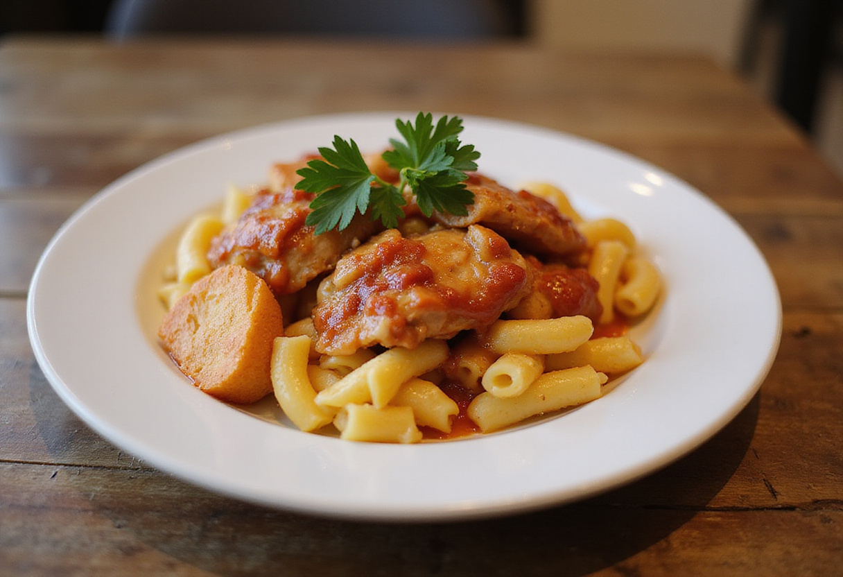 Served plate of BBQ Chicken Mac and Cheese garnished with parsley, showcasing the comfort food in a warm setting.