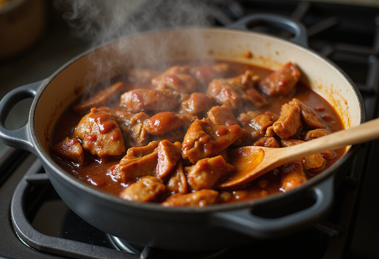 Delicious shredded BBQ chicken simmering in sauce for shredding BBQ Chicken Mac and Cheese.