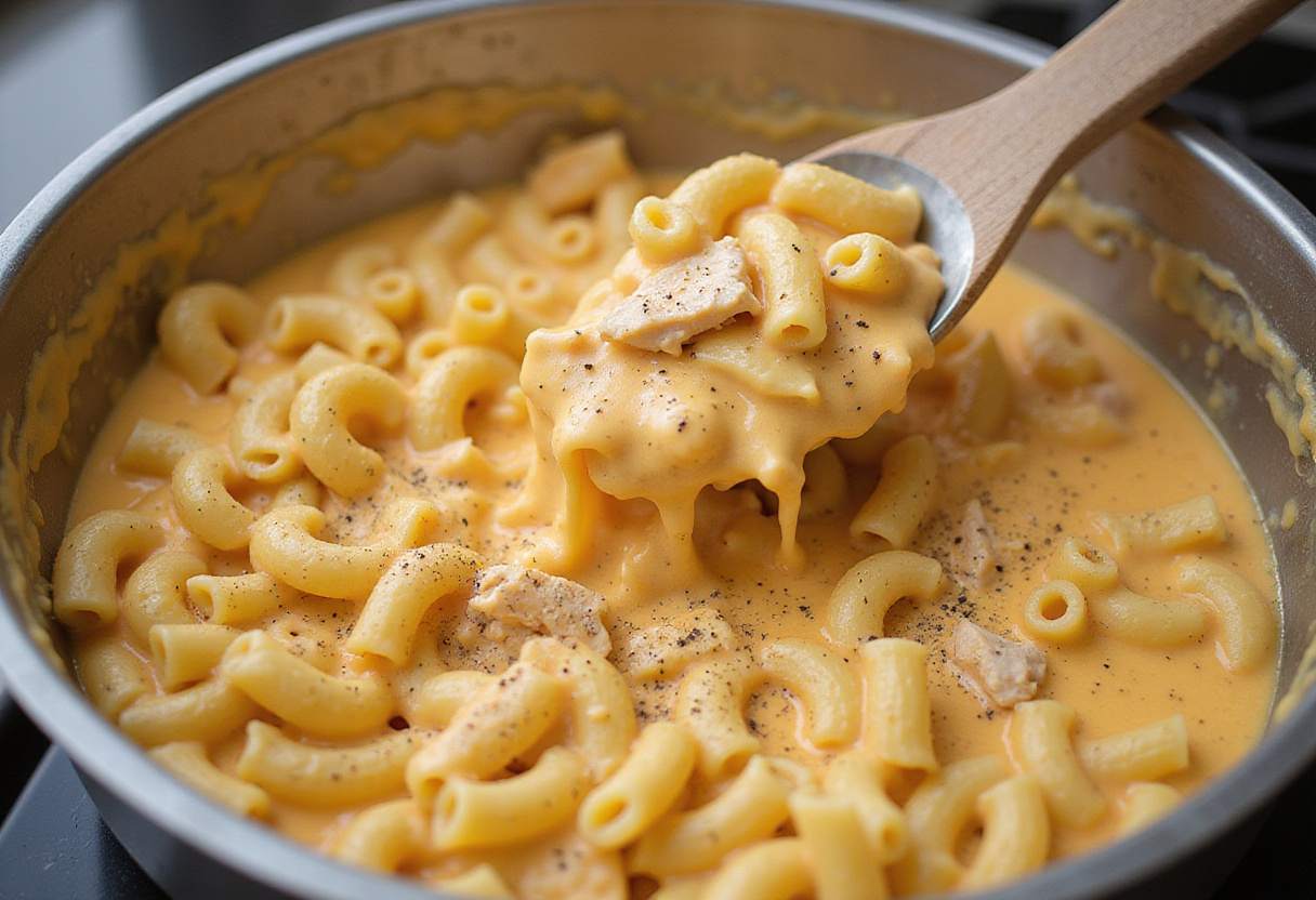 Macaroni and cheese blended with shredded BBQ chicken for a rich BBQ Chicken Mac and Cheese dish.