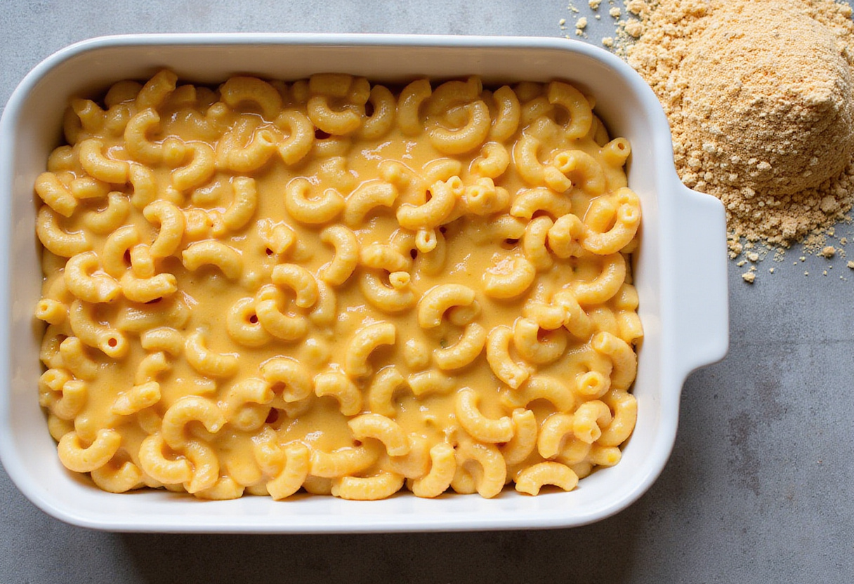 Layering BBQ Chicken Mac and Cheese in a casserole dish with a crispy breadcrumb topping.