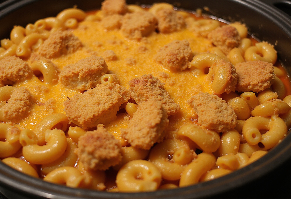 Bubbling BBQ Chicken Mac and Cheese casserole fresh from the oven, ready to be served.