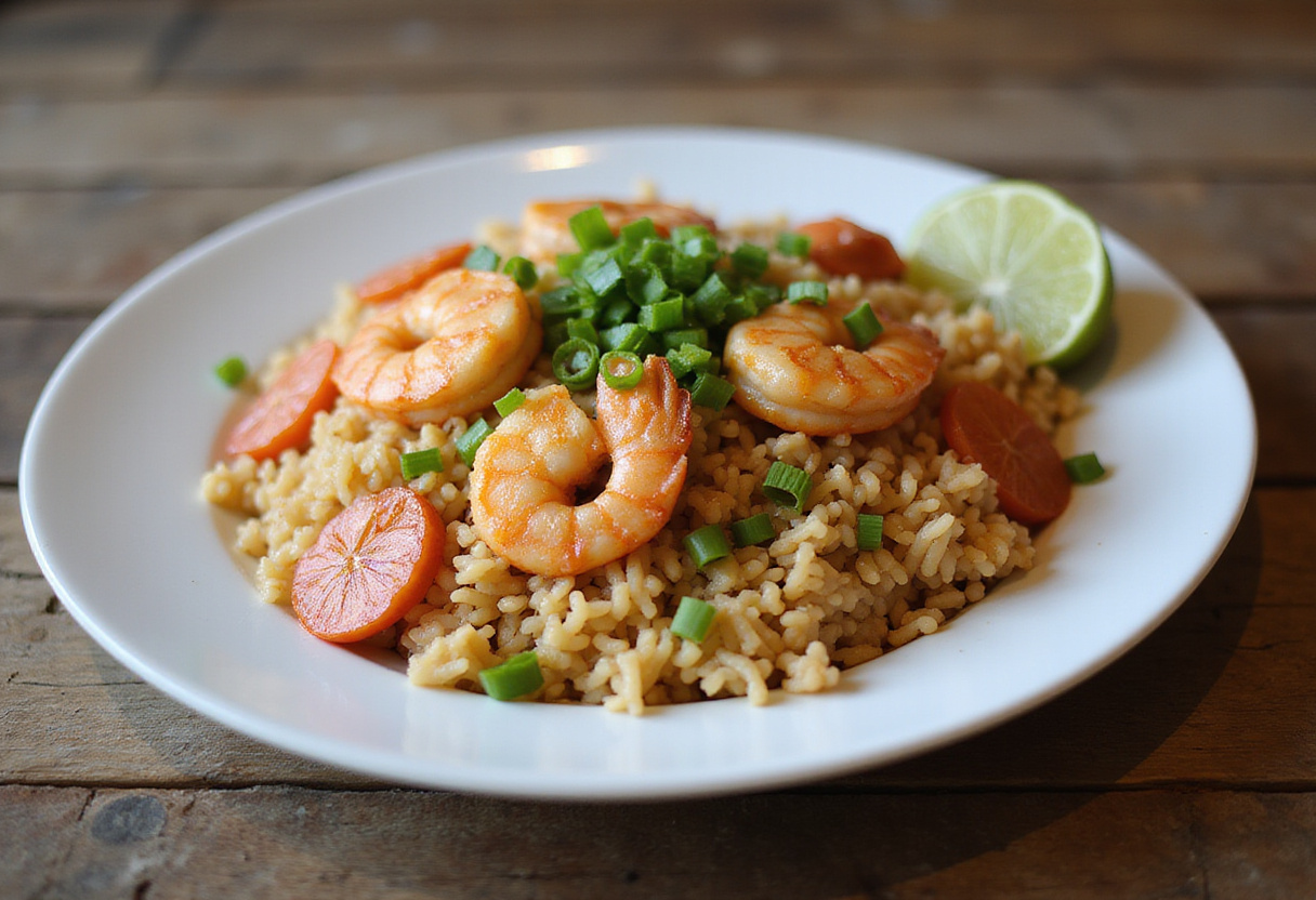 Delicious Shrimp Fried Rice served with garnishes, a vibrant and appetizing dish perfect for any meal.
