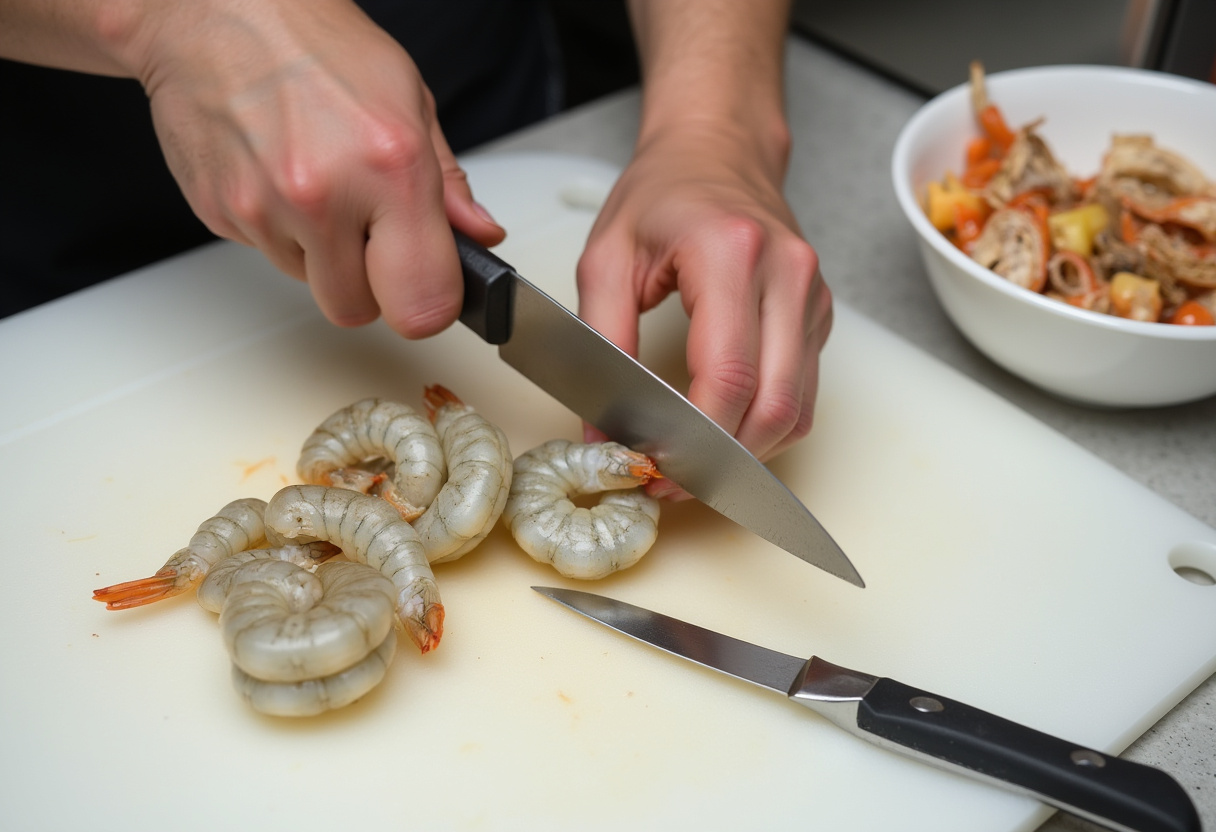 Peeled and deveined shrimp for Shrimp Fried Rice, fresh seafood preparation in a clean kitchen.