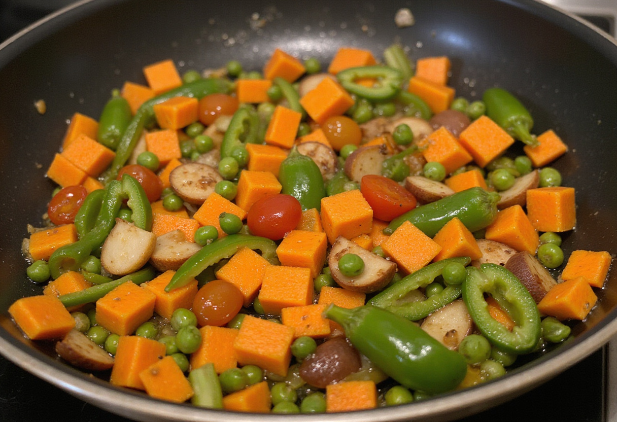 Sautéed vegetables for Shrimp Fried Rice, colorful fresh ingredients being cooked to perfection in a skillet.