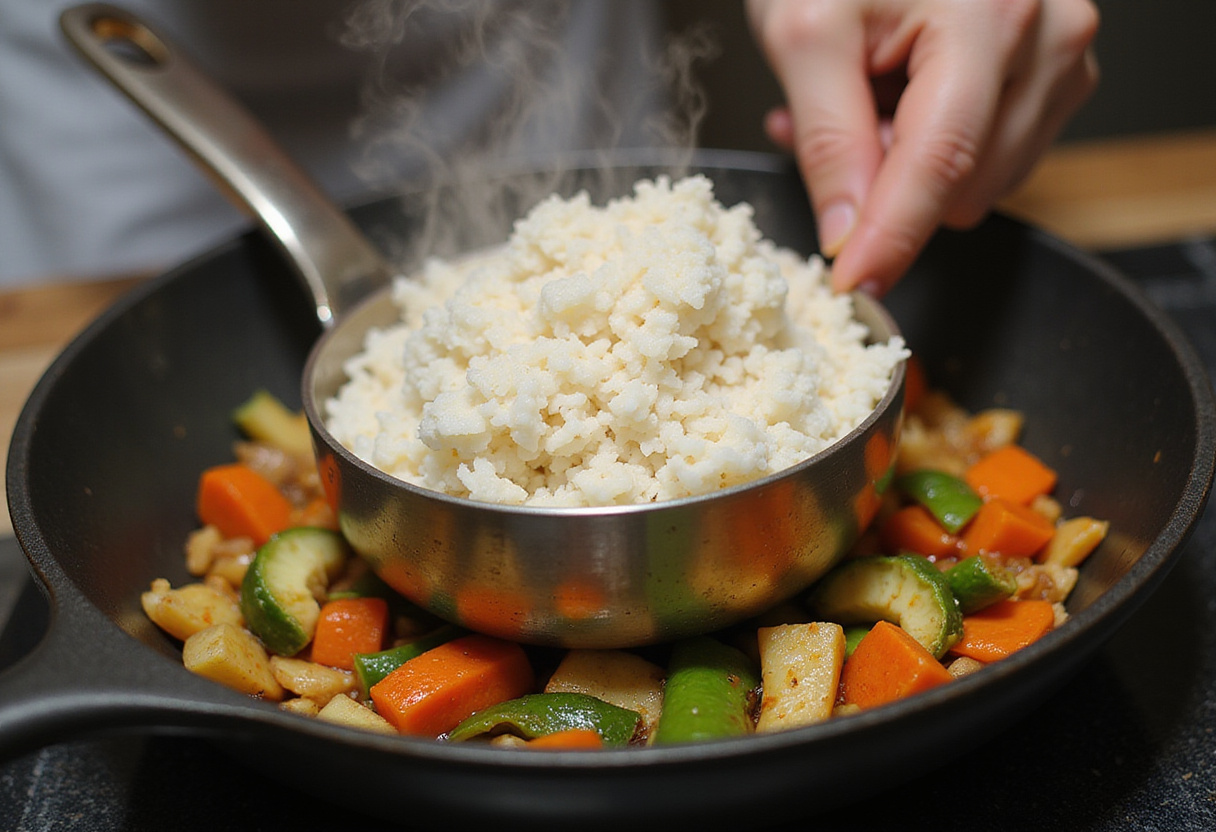 Adding jasmine rice for Shrimp Fried Rice, freshly cooked rice mixed with colorful vegetables in a hot pan.
