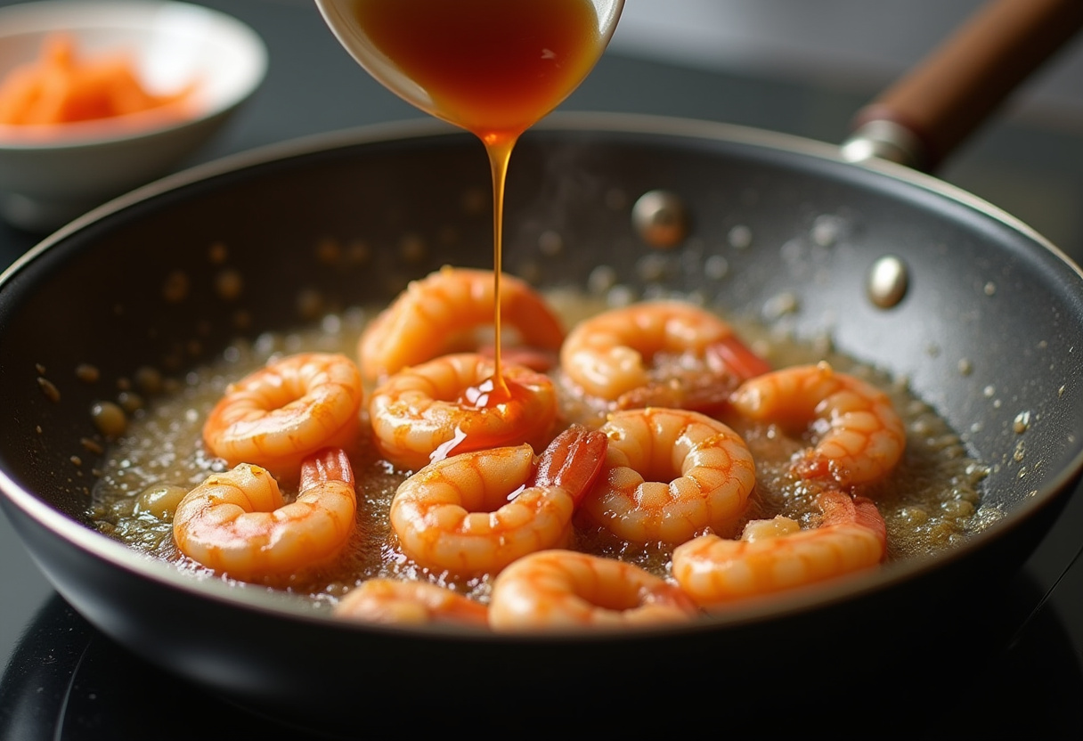 Combine shrimp and soy sauce for Shrimp Fried Rice, creating a delicious and aromatic stir-fry in the skillet.