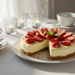 Stunning display of a finished strawberry cheesecake decorated with fresh strawberries, perfect for summer dessert, presented elegantly on a dining table.