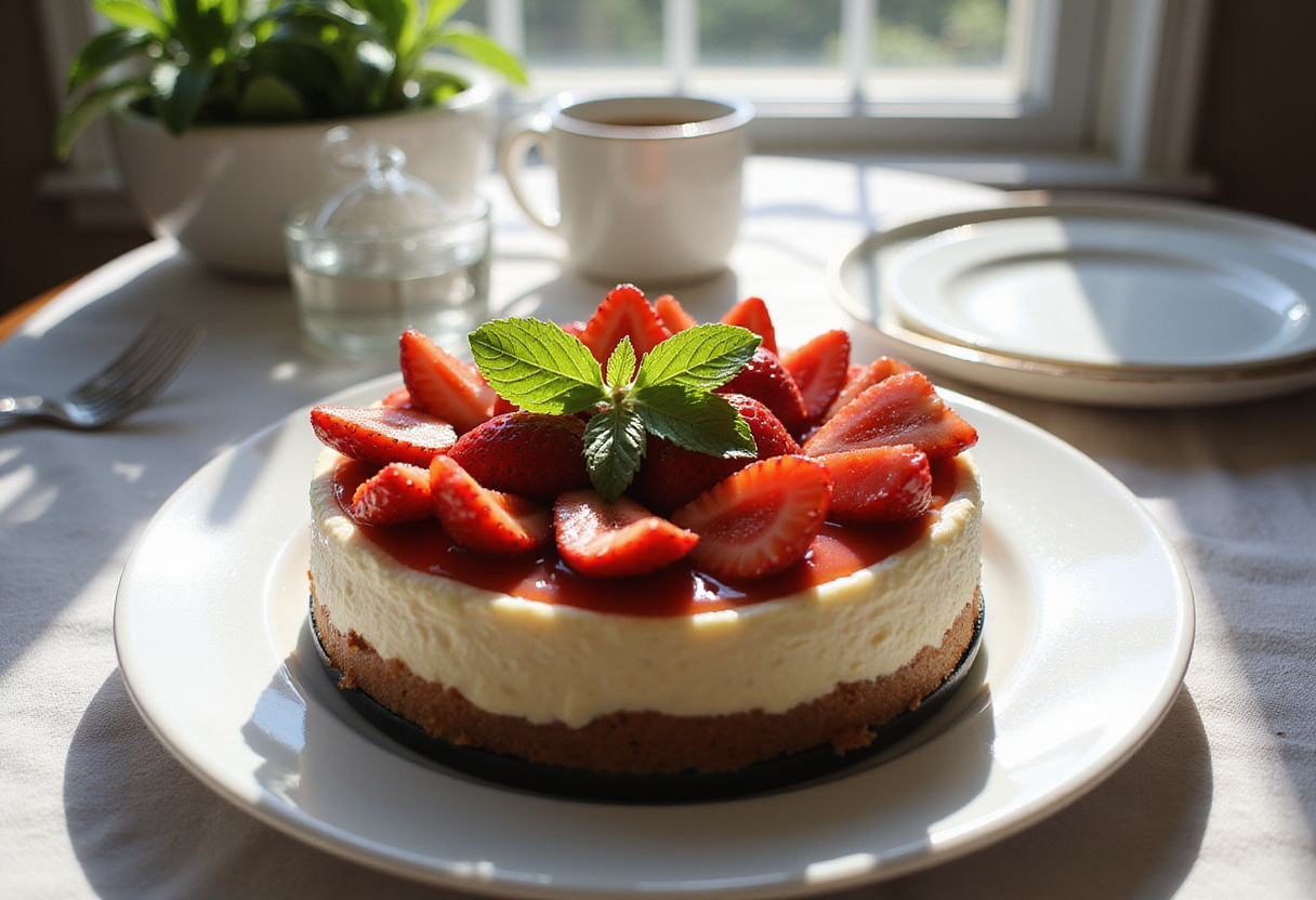 Stunning display of a finished strawberry cheesecake decorated with fresh strawberries, perfect for summer dessert, presented elegantly on a dining table.