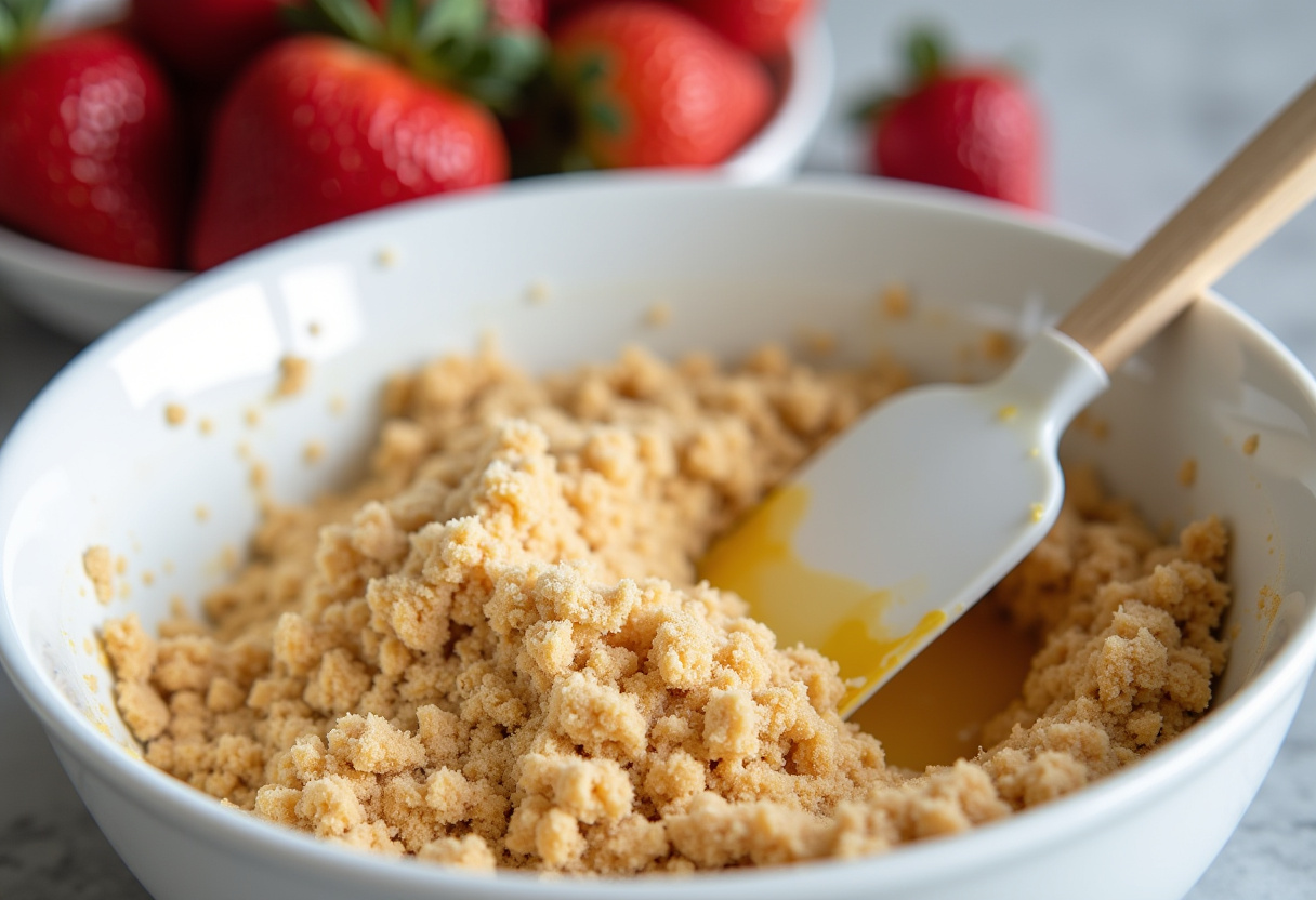 Photo of crushed graham crackers and melted butter mixture for a strawberry cheesecake crust, showcasing ingredients like sugar and fresh strawberries.