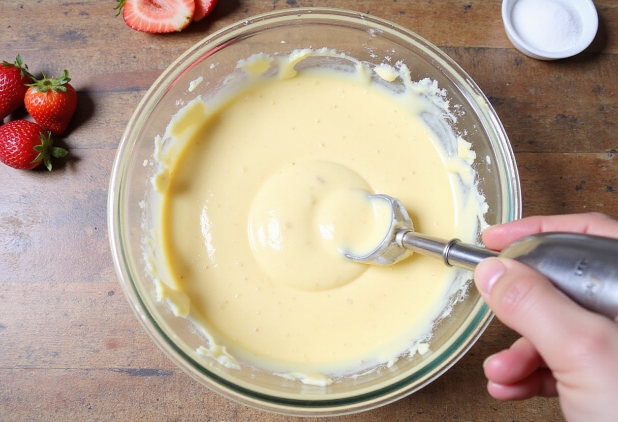 Image of a mixing process for a strawberry cheesecake filling, highlighting the smooth incorporation of cream cheese, sugar, and vanilla with fresh strawberries present.