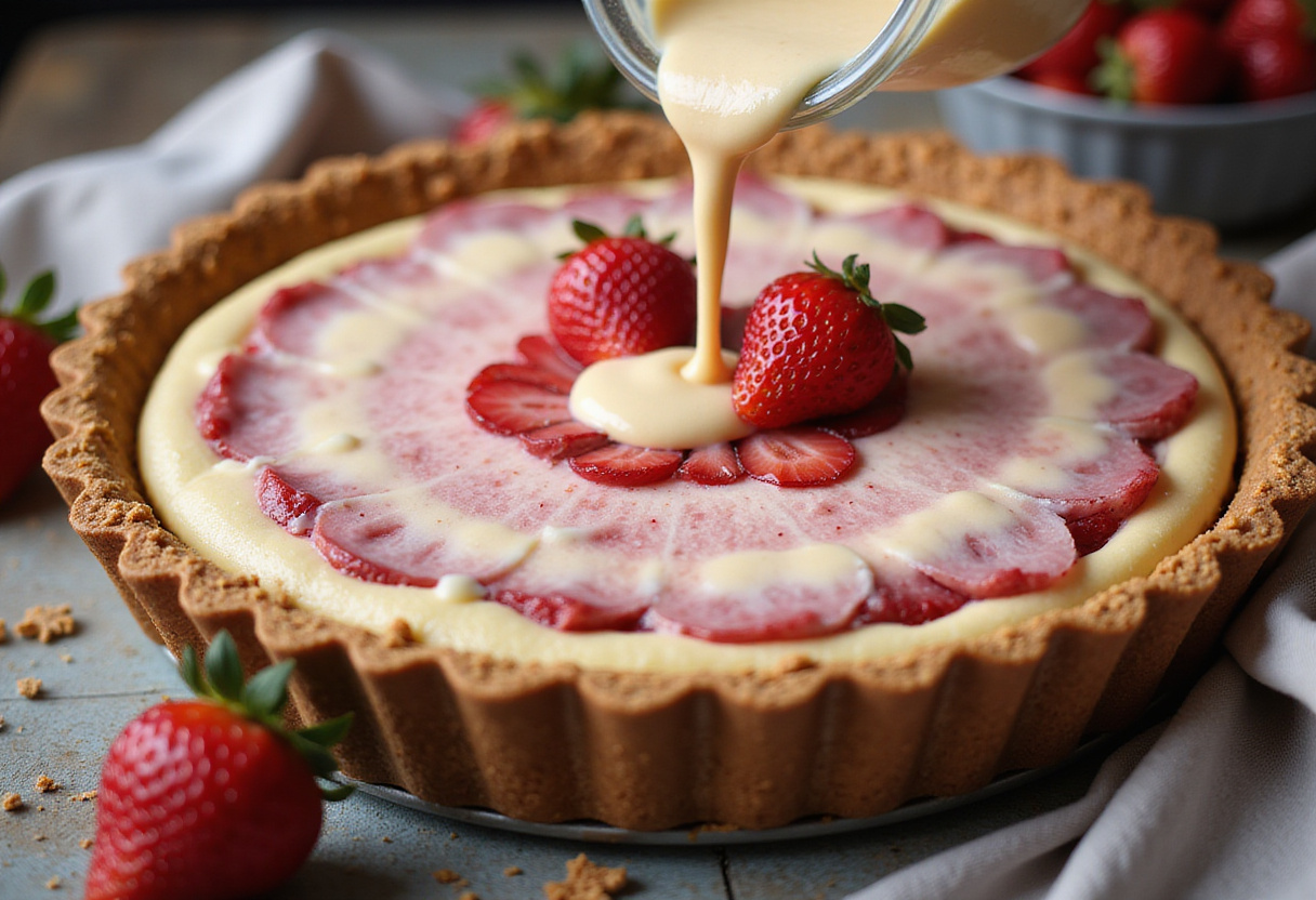 Visual representation of pouring cheesecake filling into a graham cracker crust for a simple strawberry cheesecake, with fresh strawberries placed around it.