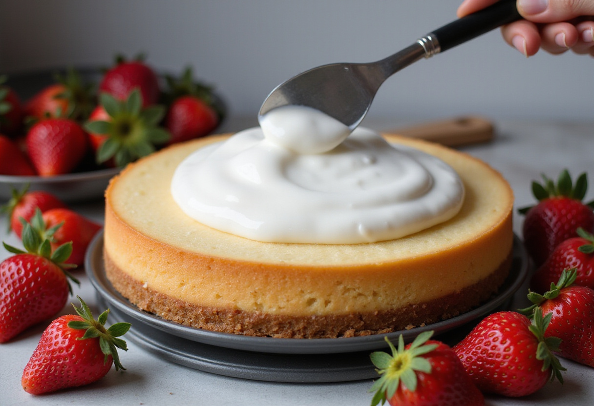 Picture of adding whipped cream to a cheesecake for a fresh strawberry cheesecake recipe, featuring fresh strawberries and kitchen ingredients.