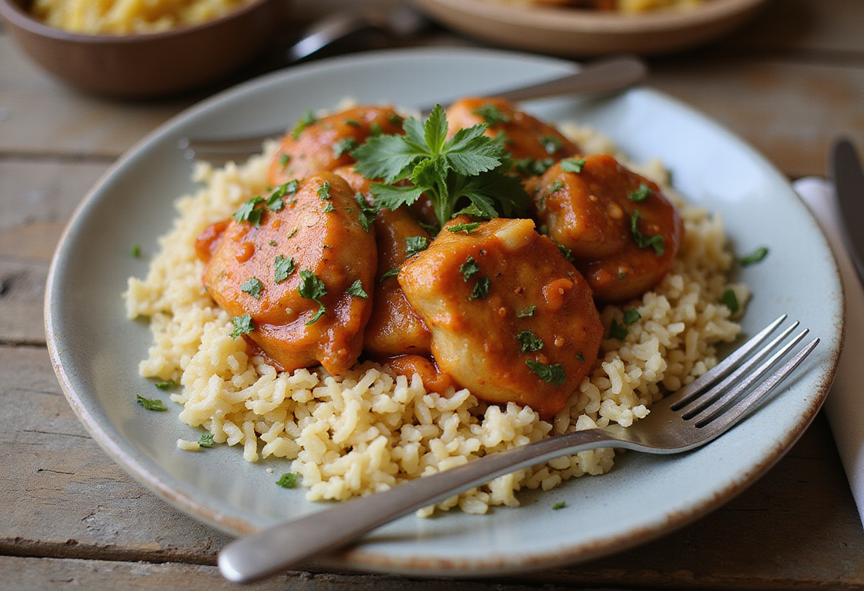 Delicious Smothered Chicken and Rice plated with fresh parsley garnish, a comforting and flavorful meal.