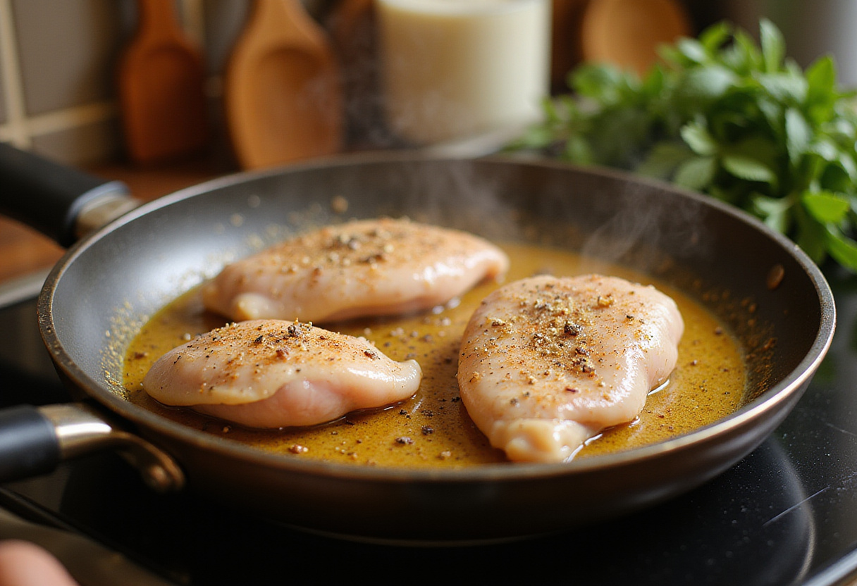 Seasoned chicken pieces browning in a skillet, essential step in making Smothered Chicken and Rice.