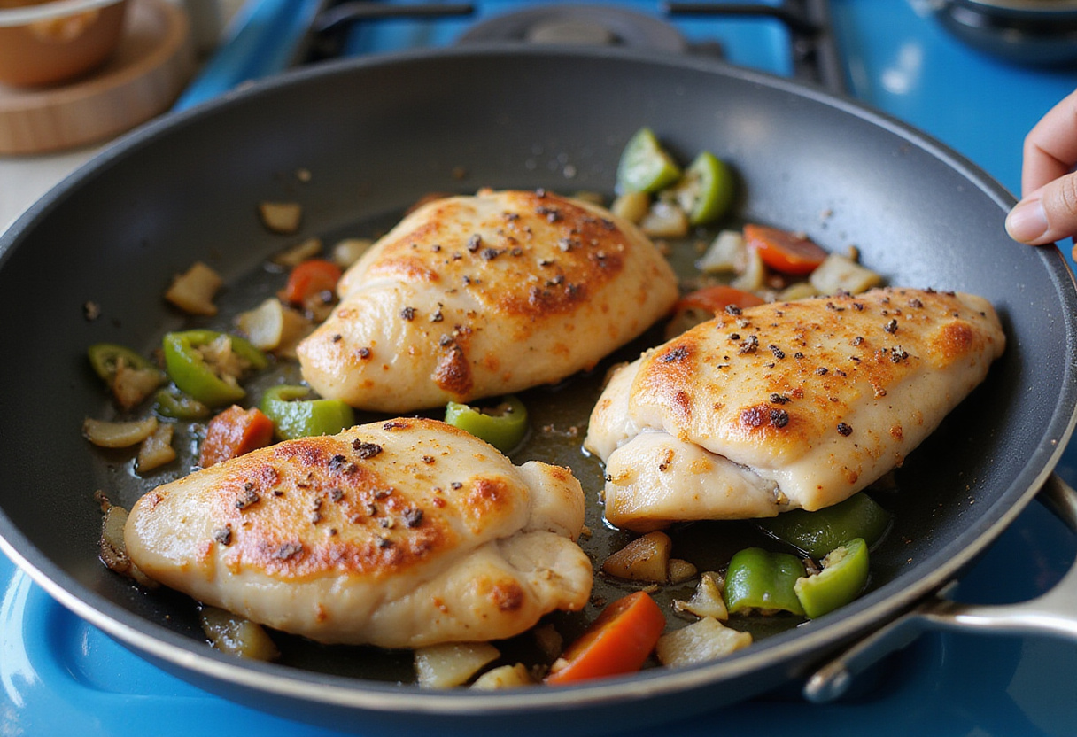 A medley of sautéed onions, garlic, and bell peppers in a pot, adding flavor to the Smothered Chicken and Rice recipe.
