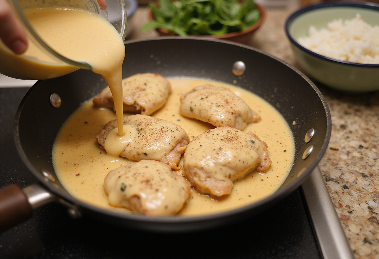 Combining chicken broth with rice in a bowl, an important step for the Smothered Chicken and Rice dish.
