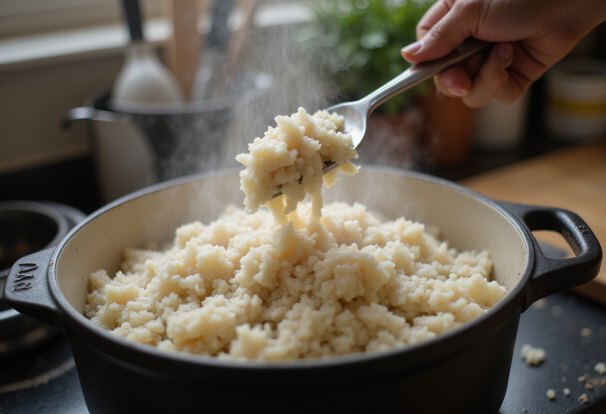 Chicken simmering in gravy with rice in a pot, showcasing the developing flavors of Smothered Chicken and Rice.