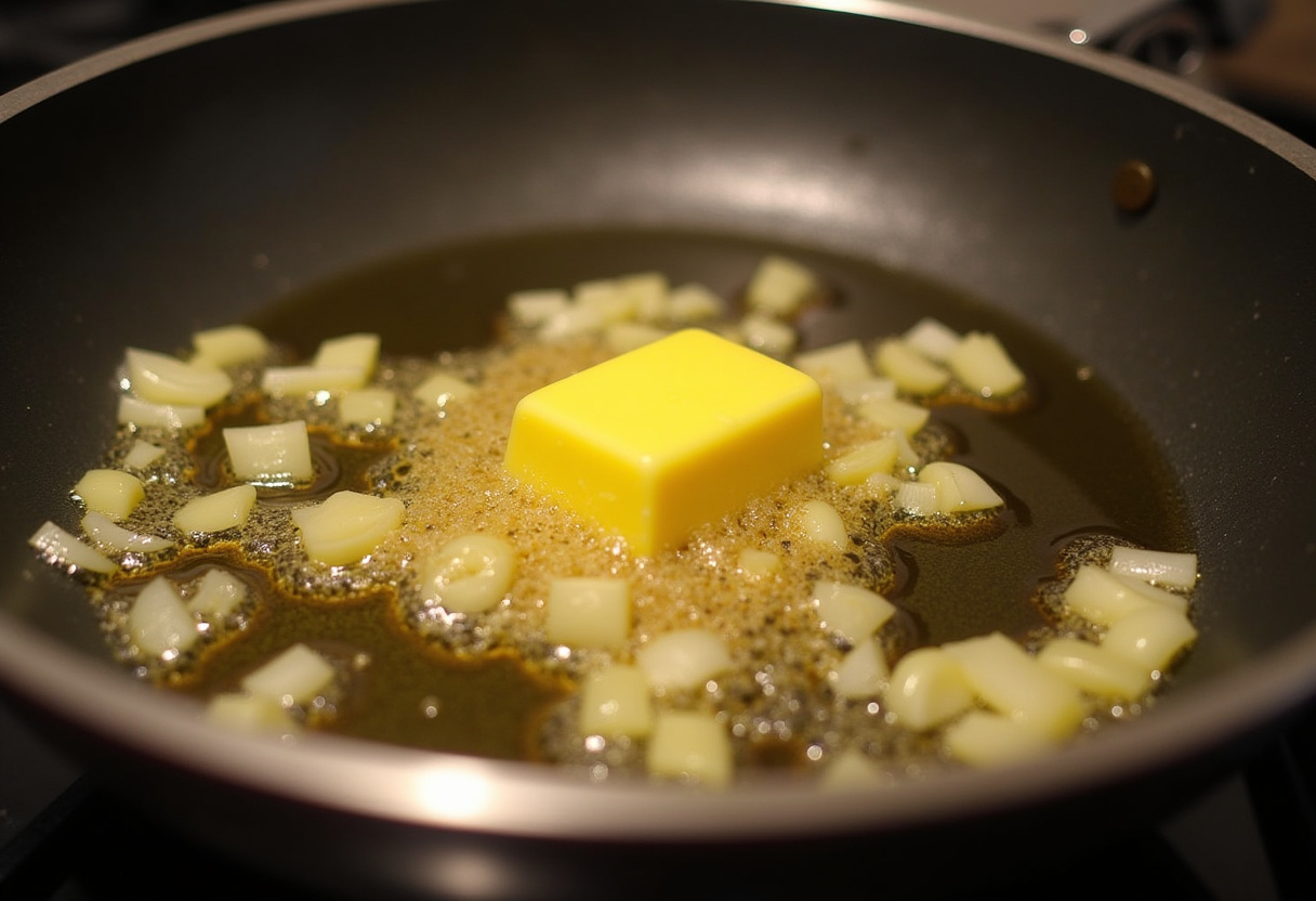 Sizzling butter with garlic and onions in a skillet, perfect for Cajun honey butter chicken preparation.
