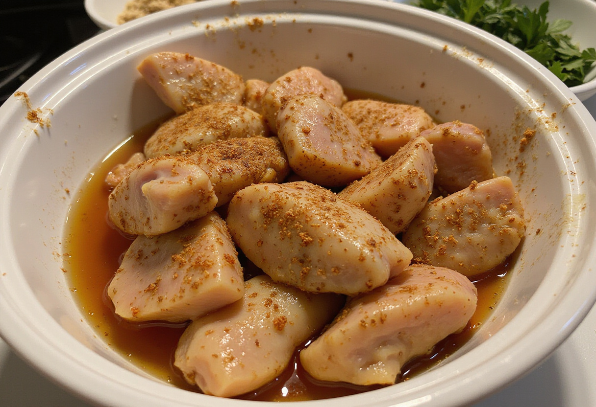 Marinated chicken pieces in a bowl with honey and Cajun seasoning, ideal for making spicy Cajun honey butter chicken.