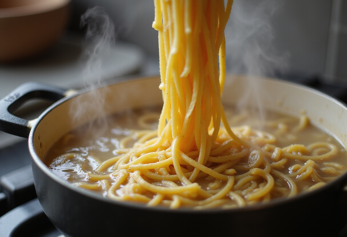 Cooking pasta in boiling water for spicy Cajun honey butter chicken and pasta dish, showcasing a colorful kitchen setup.