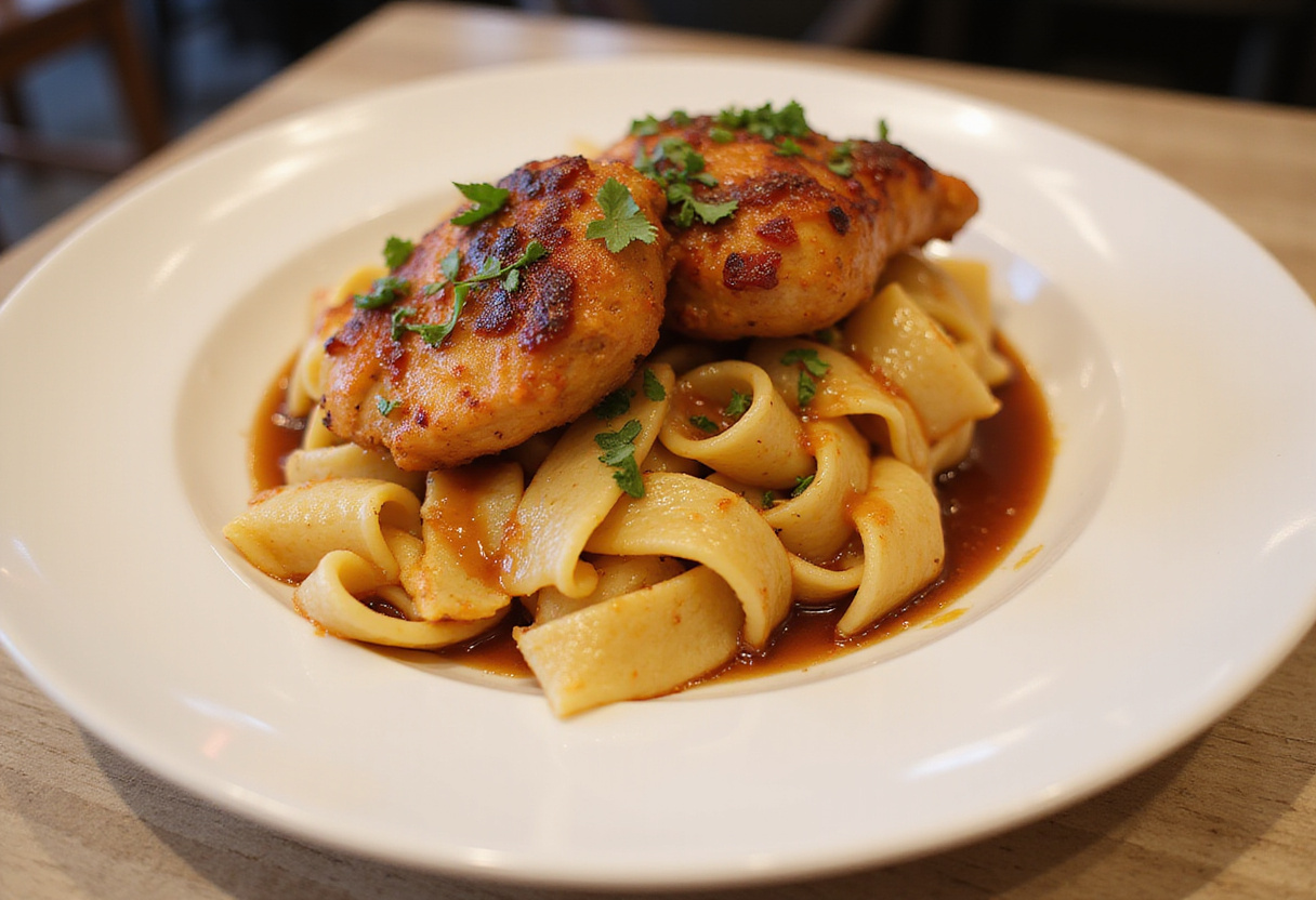 Delicious presentation of spicy Cajun honey butter chicken served on pasta, appetizing and visually appealing.
