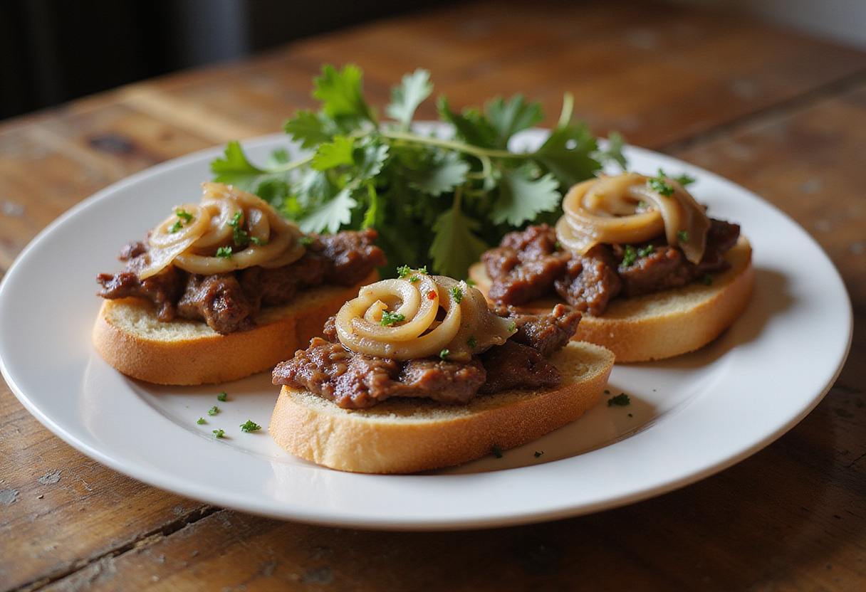 Delicious Steak & French Onion Bruschetta, perfect for gatherings, showcasing the savory flavors and beautiful presentation.
