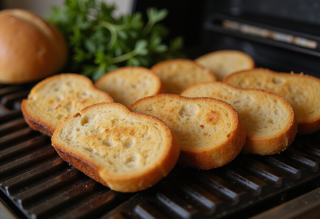Toasted baguette for Steak & French Onion Bruschetta, perfect for appetizers and gatherings.