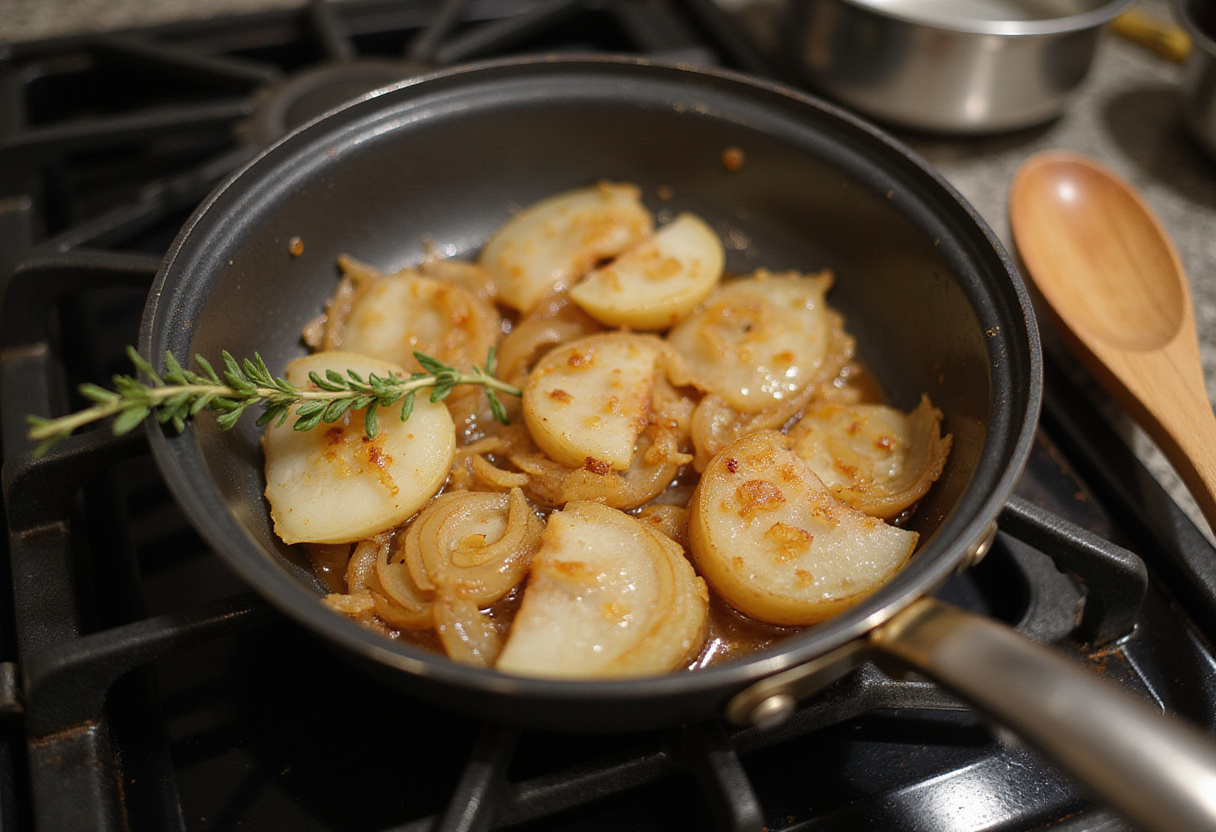 Caramelizing onions for French Onion Bruschetta, making a delicious topping for the steak.