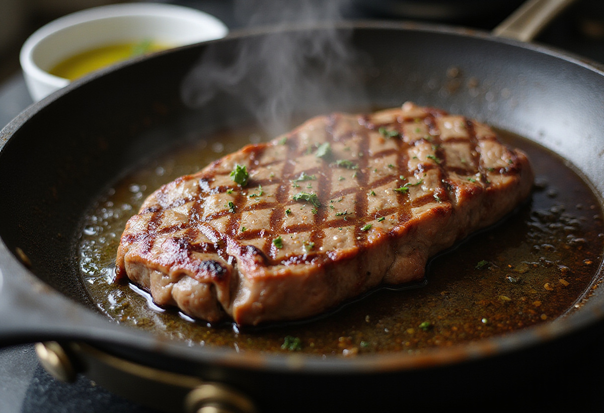 Cooking steak for Steak & French Onion Bruschetta, an essential step for rich flavor.