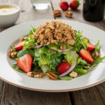 Beautifully presented Strawberry Crunch Salad with champagne vinaigrette, highlighting the vibrant colors and freshness of the ingredients.