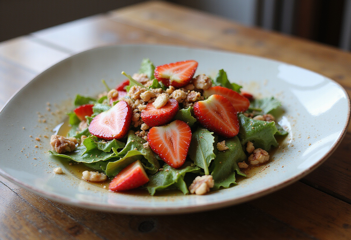 Beautifully presented Strawberry Crunch Salad with champagne vinaigrette, highlighting the vibrant colors and freshness of the ingredients.