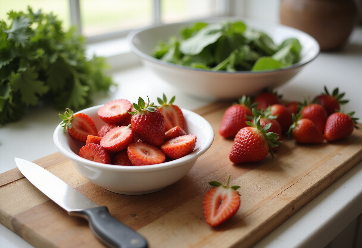 Fresh strawberries being prepared for Strawberry Crunch Salad, showcasing vibrant ingredients for a delicious fruity dish.