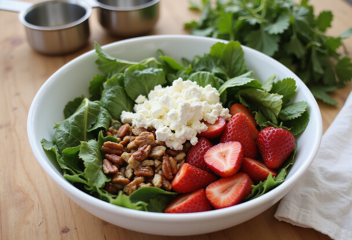 Preparing Strawberry Crunch Salad by mixing greens, strawberries, goat cheese, and crunchy nuts for a wholesome salad.
