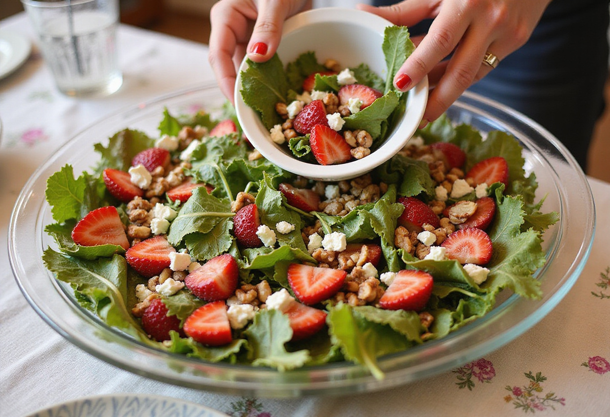 Assembling Strawberry Crunch Salad, layering vibrant ingredients in a serving dish for a visually appealing presentation.