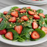 A beautifully plated Strawberry Spinach Salad Recipe garnished with nuts and dressing, highlighting its freshness and vibrant colors for an appealing dish.