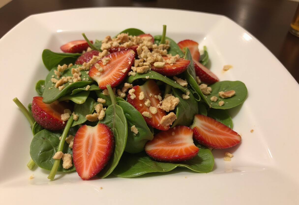 A beautifully plated Strawberry Spinach Salad Recipe garnished with nuts and dressing, highlighting its freshness and vibrant colors for an appealing dish.